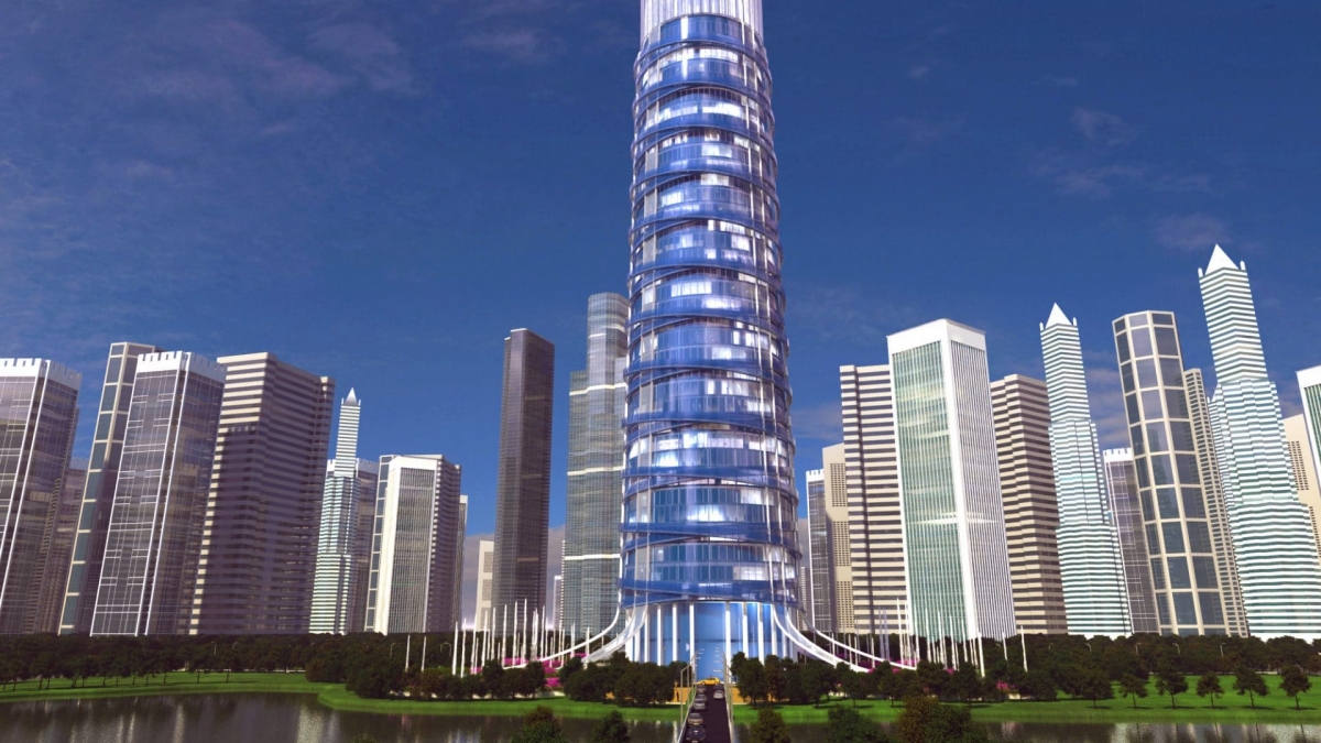 3D Skyscraper hotel concept front long distance view